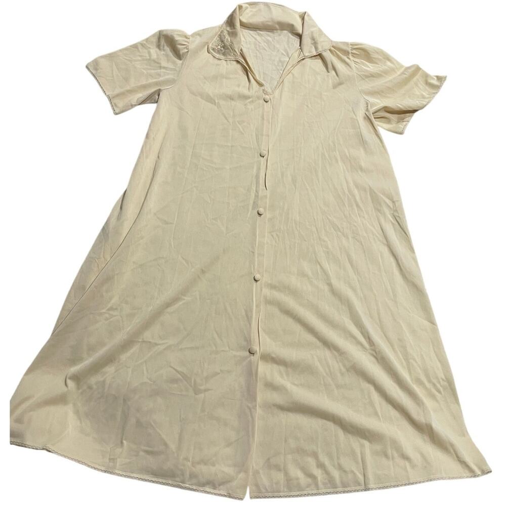 VTG Vanity Fair House Dress Button Nightgown Nylon Womens Sz Medium Yellow *Flaw